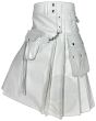 White Leather Kilt With Front Sporran left side view highlighting front sporran detail and stylish leather pleats