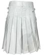 White Leather Kilt With Front Sporran back view with full pleated leather design for mobility and classic style
