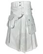 White Leather Kilt With Front Sporran highlighting modern utility design with spacious pockets and traditional sporran accent