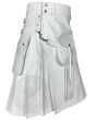 White Leather Kilt With Front Sporran showcasing premium leather craftsmanship with stylish pleats and classic sporran detail