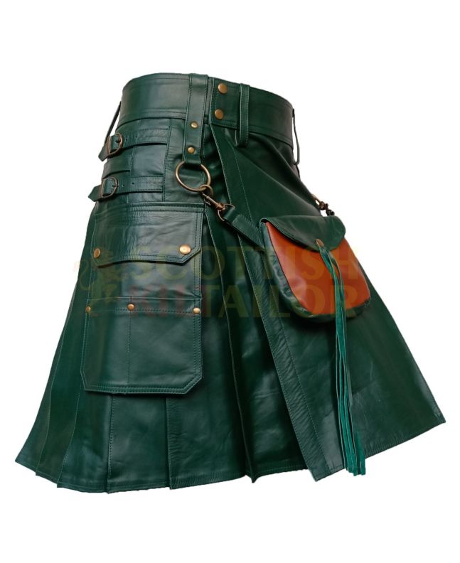 Green Cow Leather Utility Kilt With Front Sporran, Green color for Male