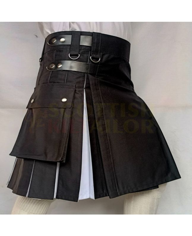 Black & White Box Pleated Hybrid Kilt, Black color for Male
