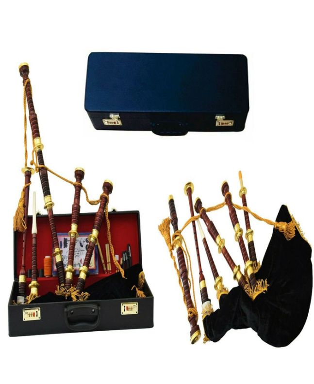 Black Velvet Bagpipe Set Brown & Gold Finish With Hard Case, Black color for Male
