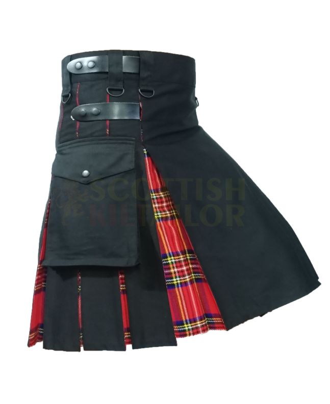 Black With Royal Stewart Tartan Hybrid Kilt, Black color for Male