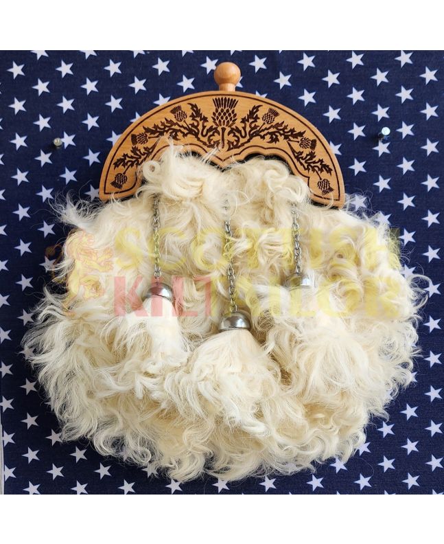 Persian Lamb Skin Dress Sporran With Wood Finish Thsitle Cantle, White color for Male