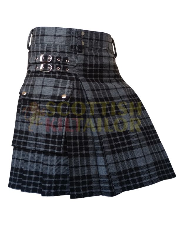 Traditional Dark Grey Watch Tartan Utility Kilt, Gray color for Male