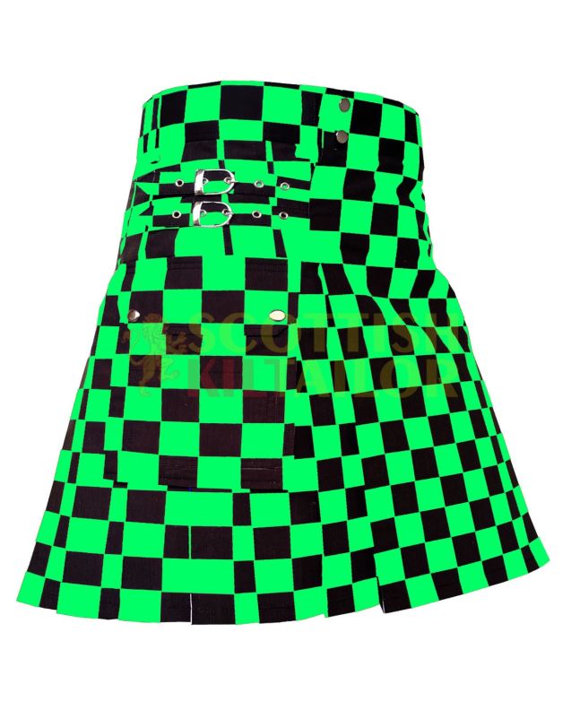 Black & Green Premium Utility Kilt With Cargo Pocket, Black color for Male