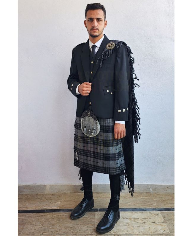 Black Argyll Kilt Outfit With Gray Watch Tartan Kilt, Black color for Male