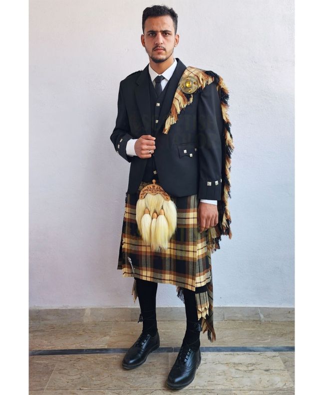 Black Argyll Kilt Outfit With Rose Ancient Tartan Kilt, Black color for Male