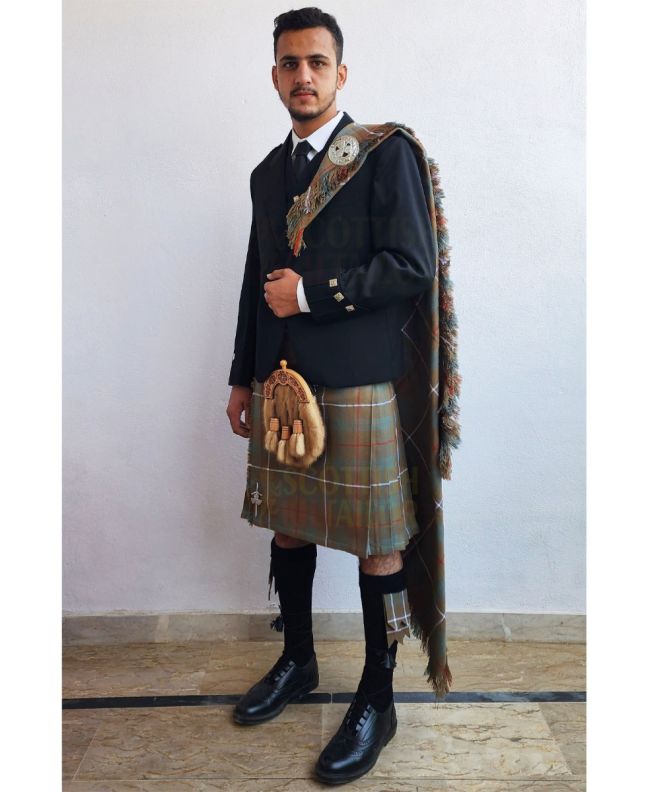 Black Argyll Kilt Outfit With Frasher Weathered Tartan Kilt, Black color for Male