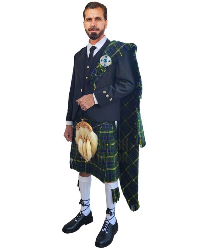 Black Argyll Kilt Outfit With US Army Tartan Kilt, Black color for Male