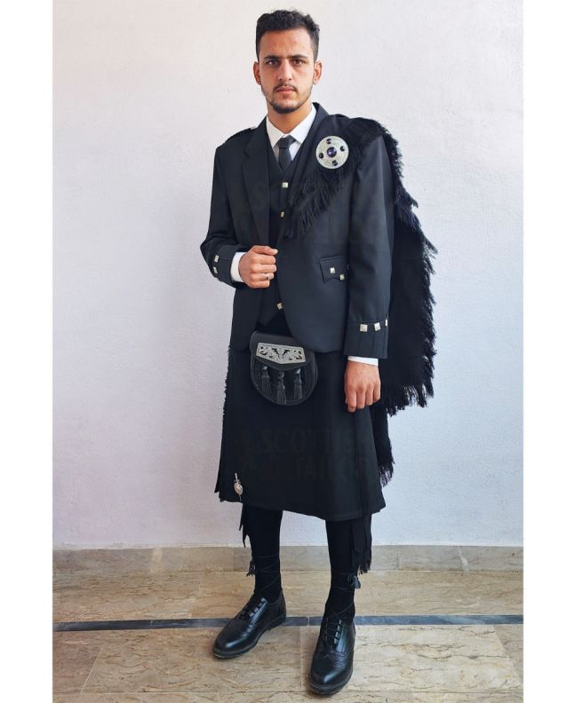 Black Argyll Tweed Outfit with the Black Tartan Kilt, Black color for Male