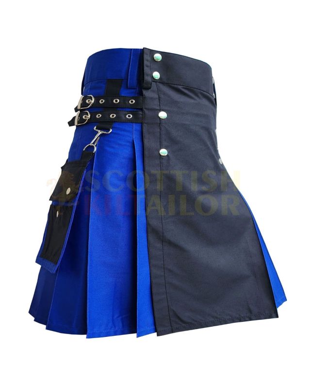 Black & Blue Detachable Pocket Utility Hybrid Kilt, Black color for Male