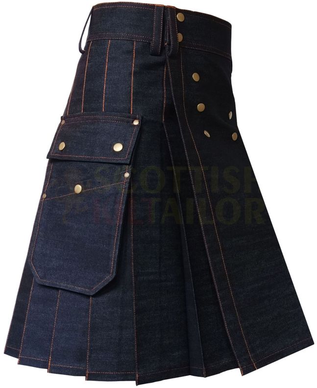 Black Denim Utility Working Kilt, Black color for Male