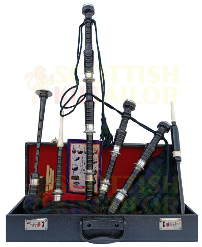 Black Watch Tartan Black With Silver Finish Bagpipe Set With Hard Case, Black color for Male