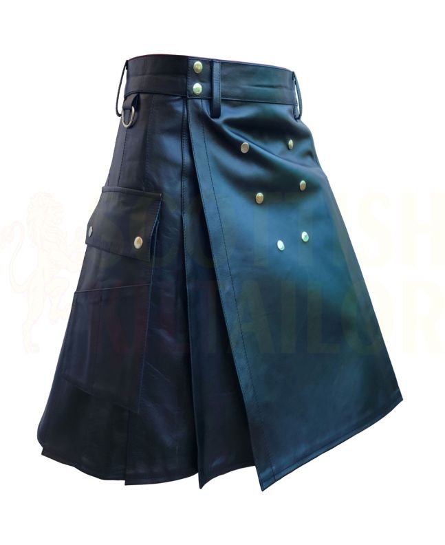 Black Leather Cross Pocket Style Premium Utility Kilt, Black color for Male