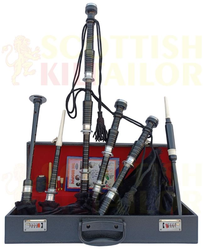Black Velvet Bagpipe Set Silver & Black Finish With Hard Case