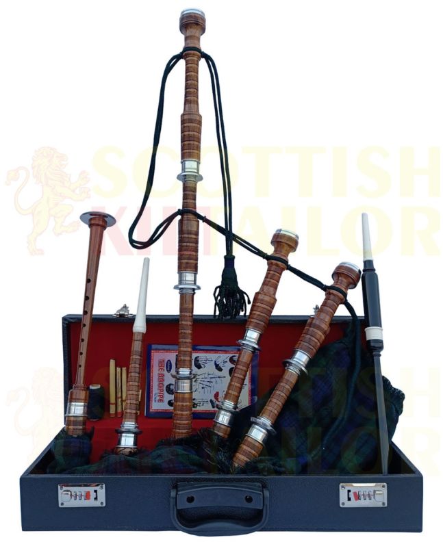 Black Watch Tartan Bagpipe Set Brown & Silver Finish With Hard Case, Brown color for Male