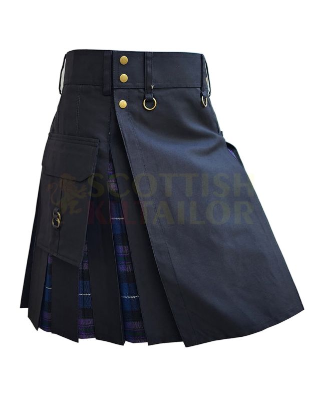 Black With Pride of Scotland Tartan Hybrid Kilt For Men, Black color for Male