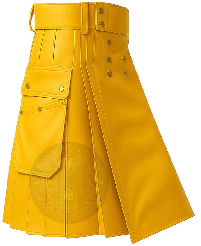 Bright Yellow Scottish Fashion Utility Kilt right side view with functional cargo pocket and vibrant pleated design
