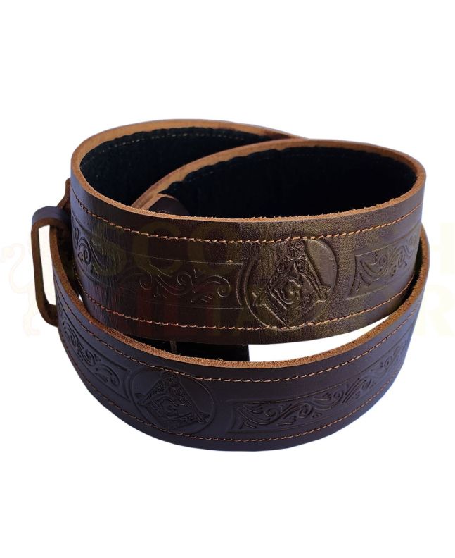 Brown Masonic Embossed Leather Kilt Belt, Brown color for Male