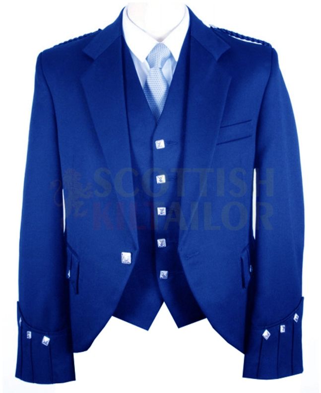 Custom Made Royal Blue Argyll Kilt Jacket with Vest, Blue color for Male