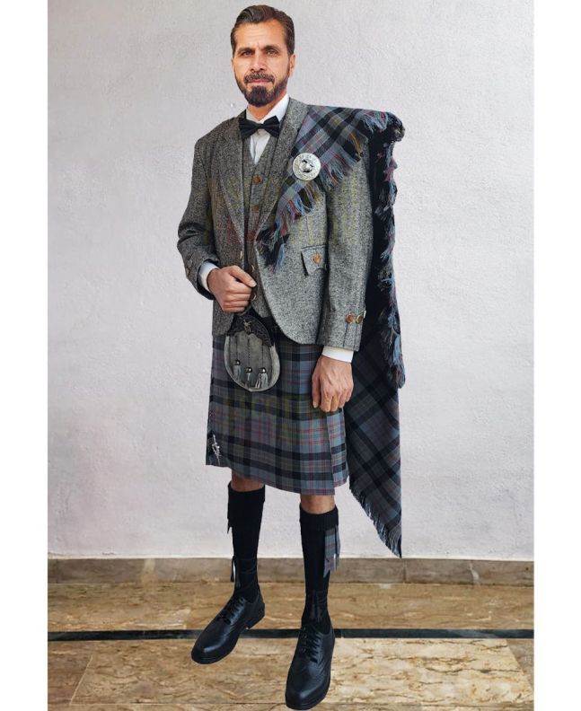 Gray Argyll Kilt Outfit With Harris Family Tartan Kilt, Gray color for Male
