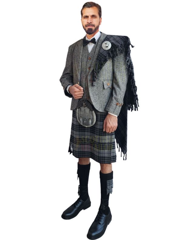 Gray Argyll Tweed Kilt Outfit For Men, Black color for Male