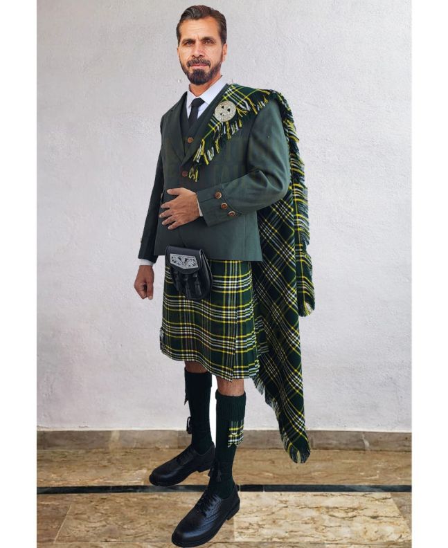 Green Agyll Kilt Outfit With Dark Irish Green Tartan Kilt, Green color for Male