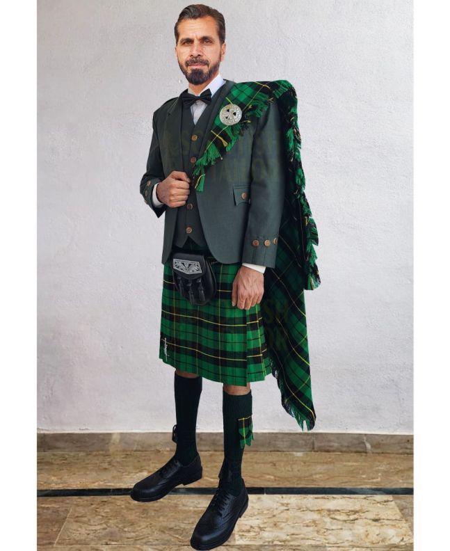Green Agyll Kilt Outfit With Wallace Hunting Tartan Kilt, Green color for Male