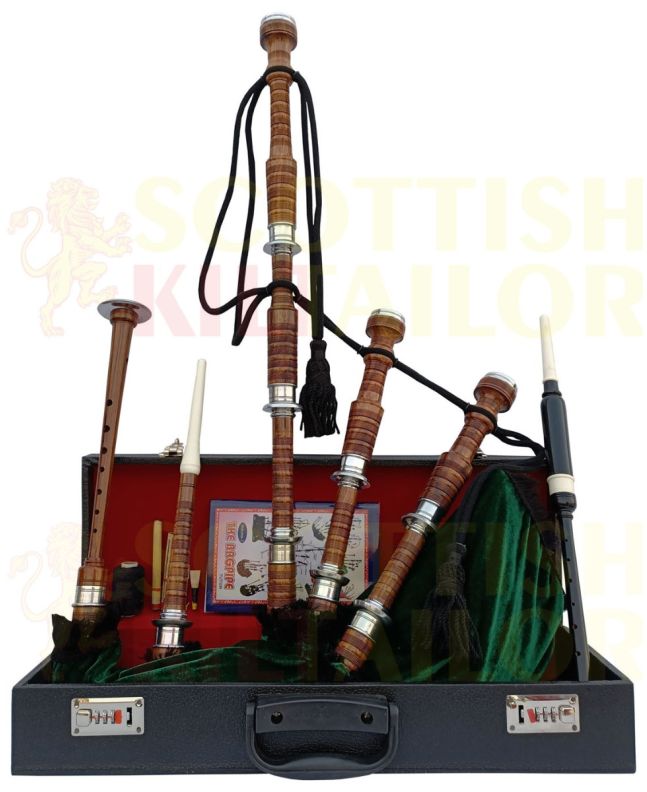 Green Velvet Bagpipe Set Brown & Silver Finish With Hard Case, Brown color for Male