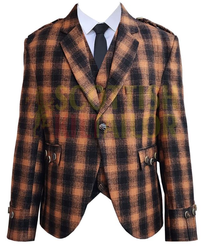 Khaki With Black Argyll Kilt Jacket with Vest, Khaki color for Male