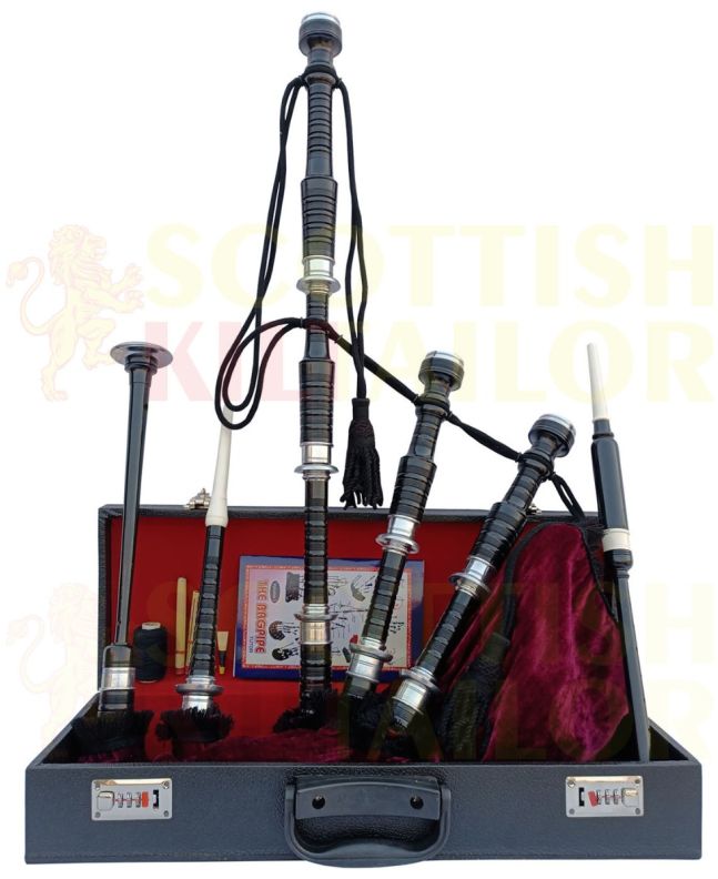Maroon Velvet Bagpipe Set Silver & Black Finish With Hard Case, Black color for Male