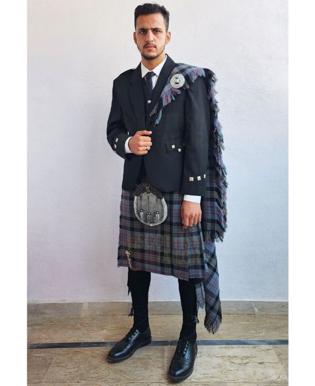 Men Black Argyll Tweed Kilt Outfit With Harris Family Tartan Kilt, Black color for Male