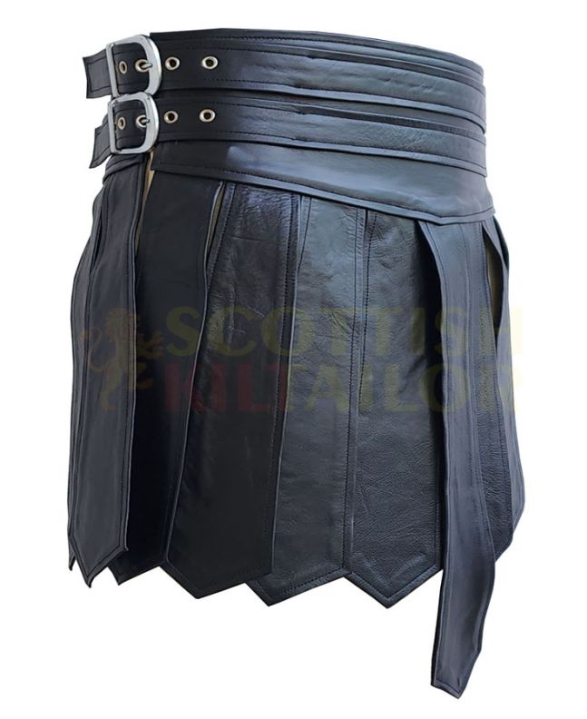 Men Black Leather Gladiator Kilt, Black color for Male