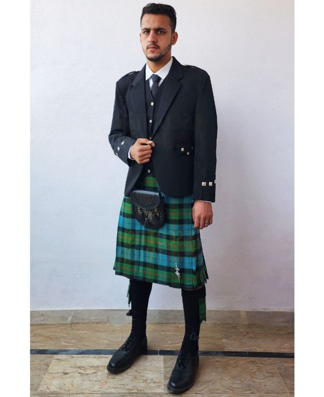 Modern Black Argyll Tweed Outfit with Gun Ancient Tartan Kilt, Black color for Male