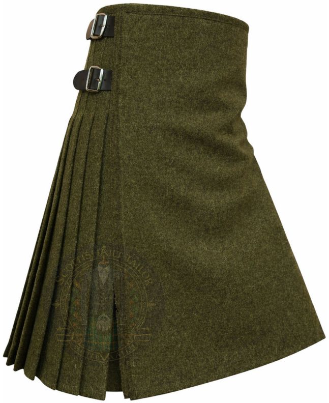 Olive Green Wool Kilt right side view showing smooth wool pleats and classic flowing design
