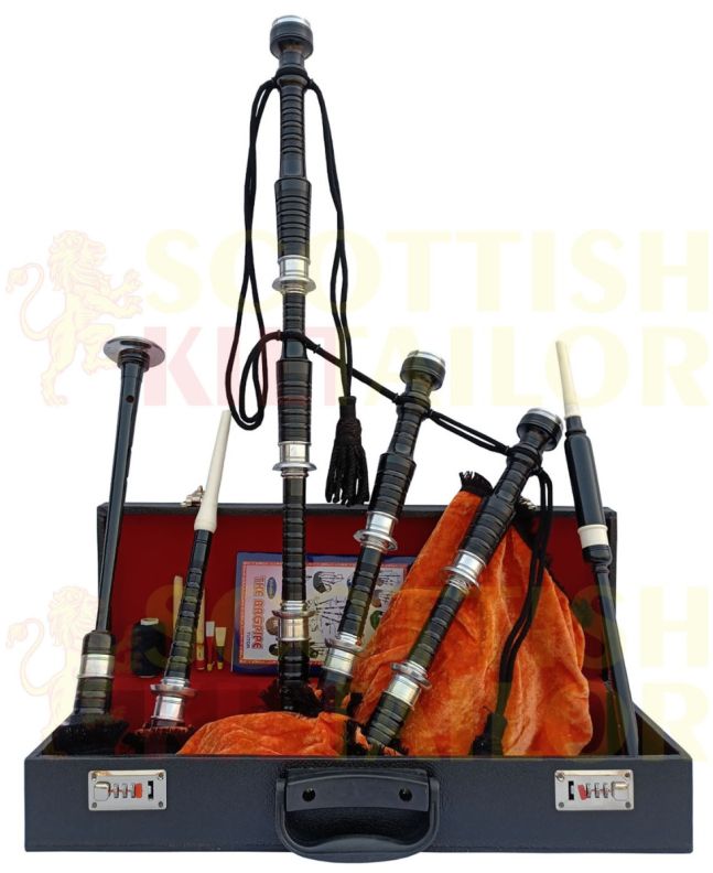 Orange Velvet Bagpipe Set Silver & Black Finish With Hard Case, Orange color for Male