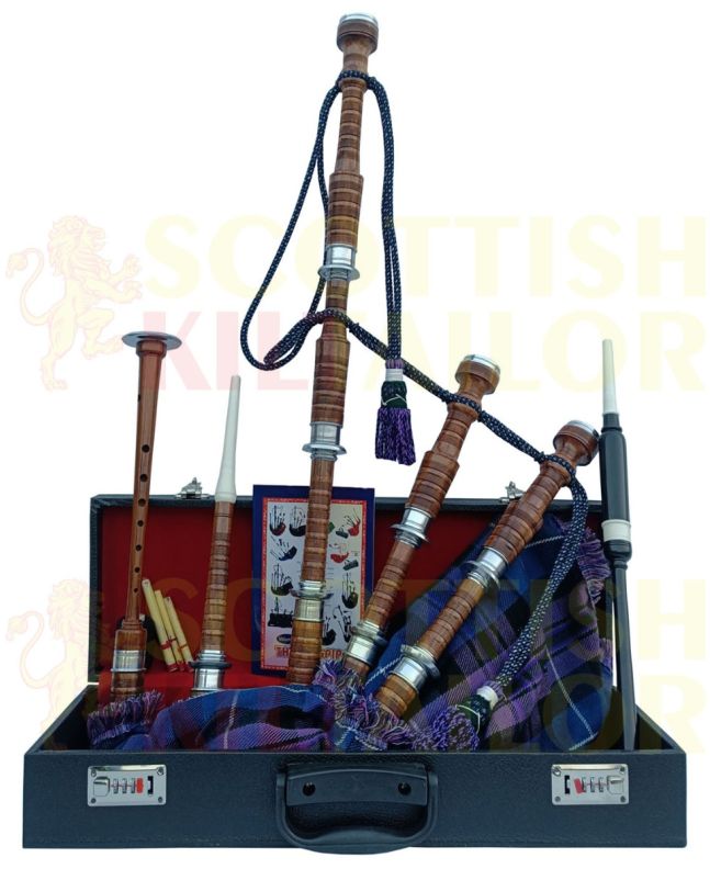 Pride of Scotland Tartan Bagpipe Set Brown & Silver Finish With Hard Case, Brown color for Male