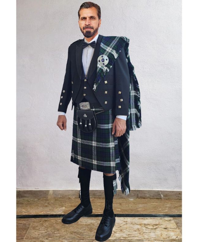 Prince Charlie Kilt Outfit With Black Watch Dress Tartan Kilt, Black color for Male