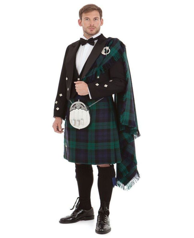 Prince Charlie Kilt Outfit with Black Watch Tartan, Black color for Male