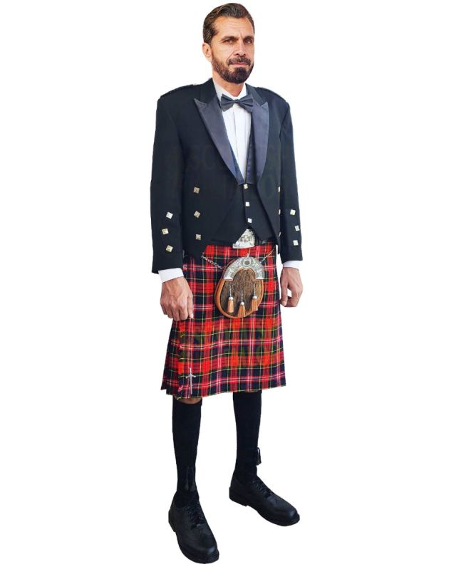 Prince Charlie Kilt Outfit With MacPherson Tartan Kilt, Black color for Male