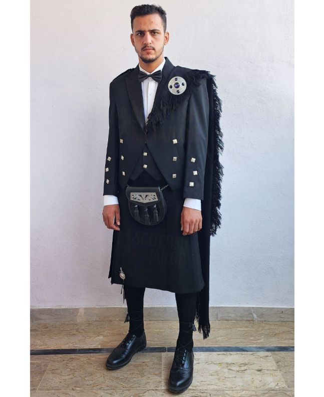 Prince Charlie Kilt Outfit With Solid Black Tartan Kilt, Black color for Male