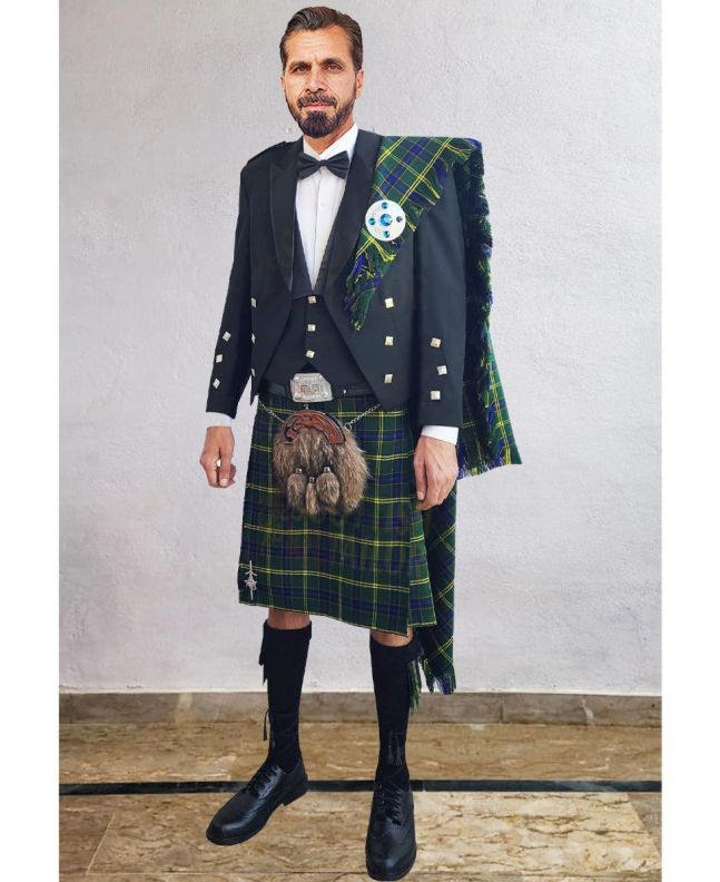 Prince Charlie Kilt Outfit With US Army Tartan Kilt, Black color for Male