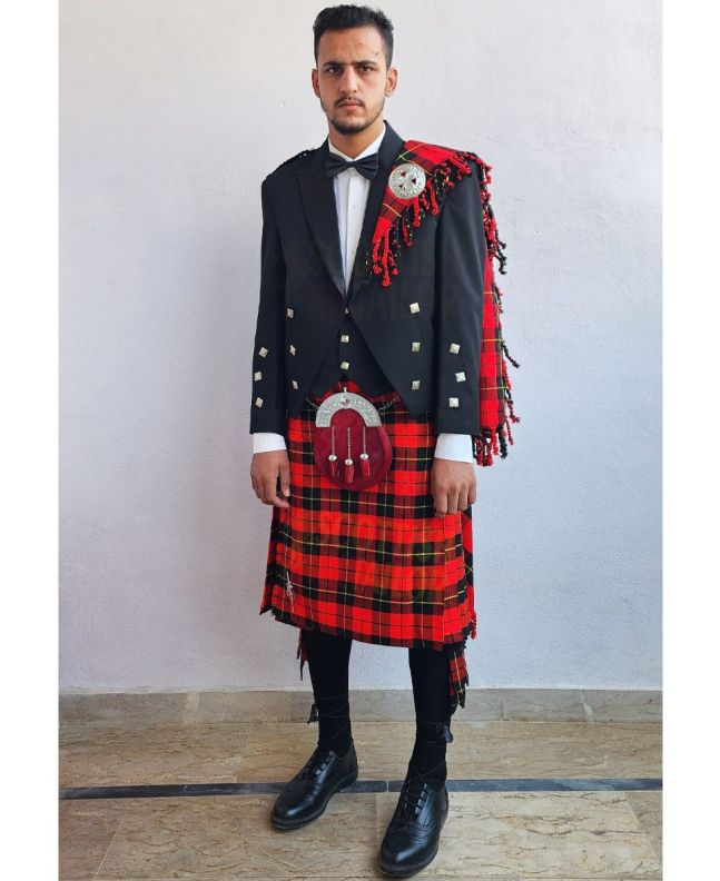 Prince Charlie Kilt Outfit With Wallace Red Tartan Kilt, Black color for Male