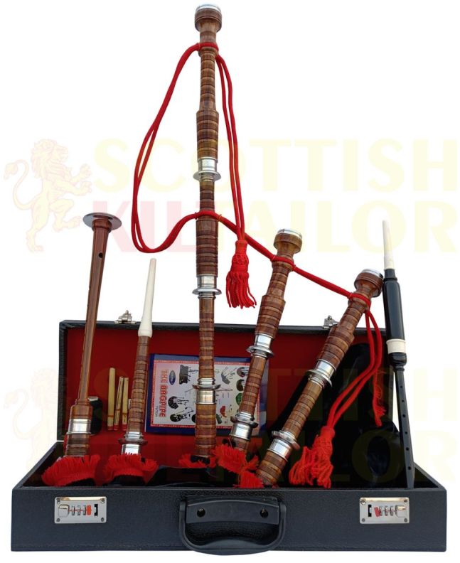 Red & Black Velvet Bagpipe Set Brown & Silver Finish With Hard Case, Brown color for Male