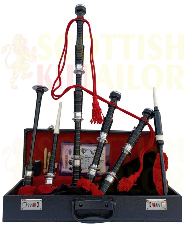 Red & Black Velvet Bagpipe Set Silver & Black Finish With Hard Case, Red color for Male