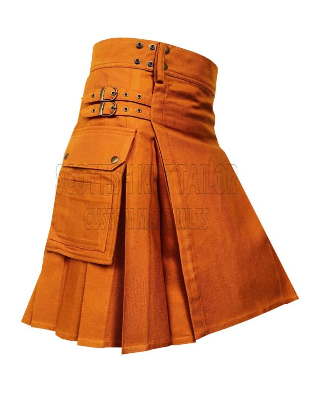 Traditional Saffron Tartan Utility Kilt, Orange color for Male