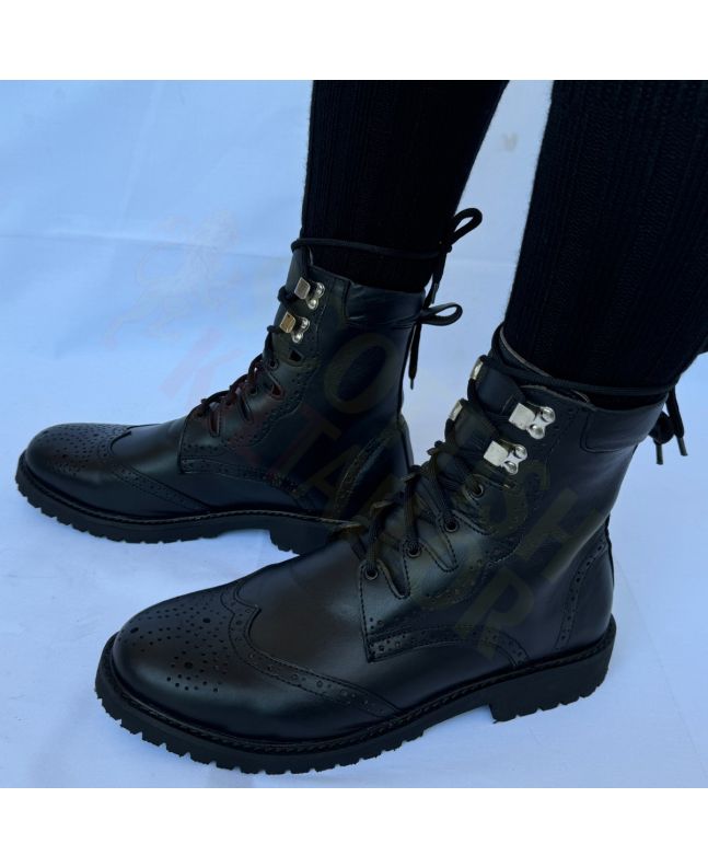 Real Leather Black Ghillie Brogues Half Long Kilt Boot