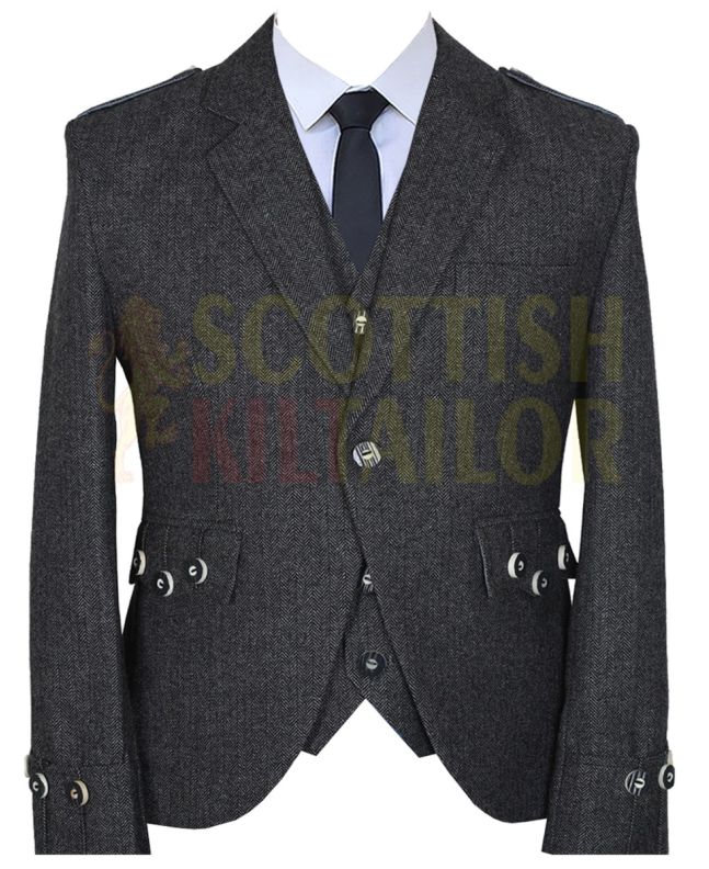 Scottish Black Argyll Kilt Jacket with Vest, Black color for Male